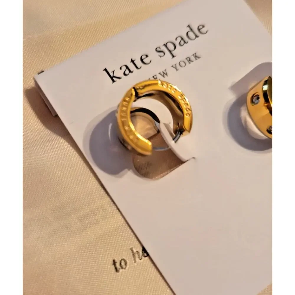 Kate Spade "Set In Stone" Double Huggie Earrings KK438 Gold-Plated Crystal NWT - Picture 2 of 6